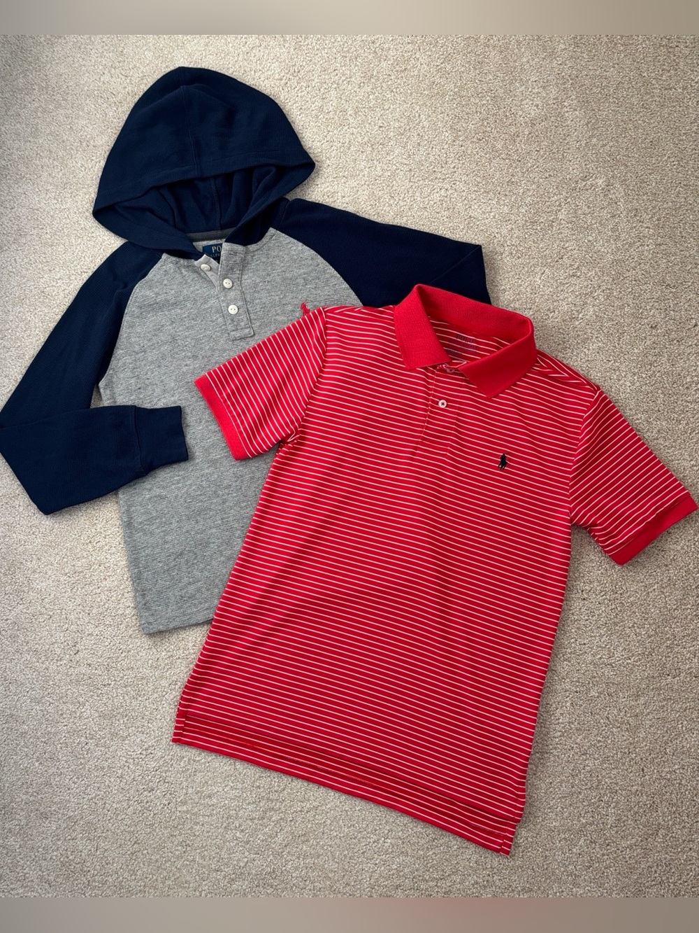Polo Ralph Lauren boys' waffle-knit hoodie & red striped performance polo size M